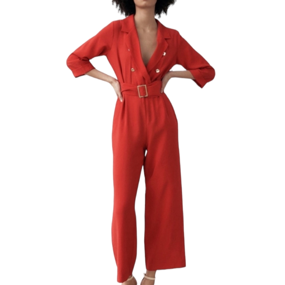 Zara NWT Red Jumpsuit Collar Double Breasted Waist Tie Belt Size Small